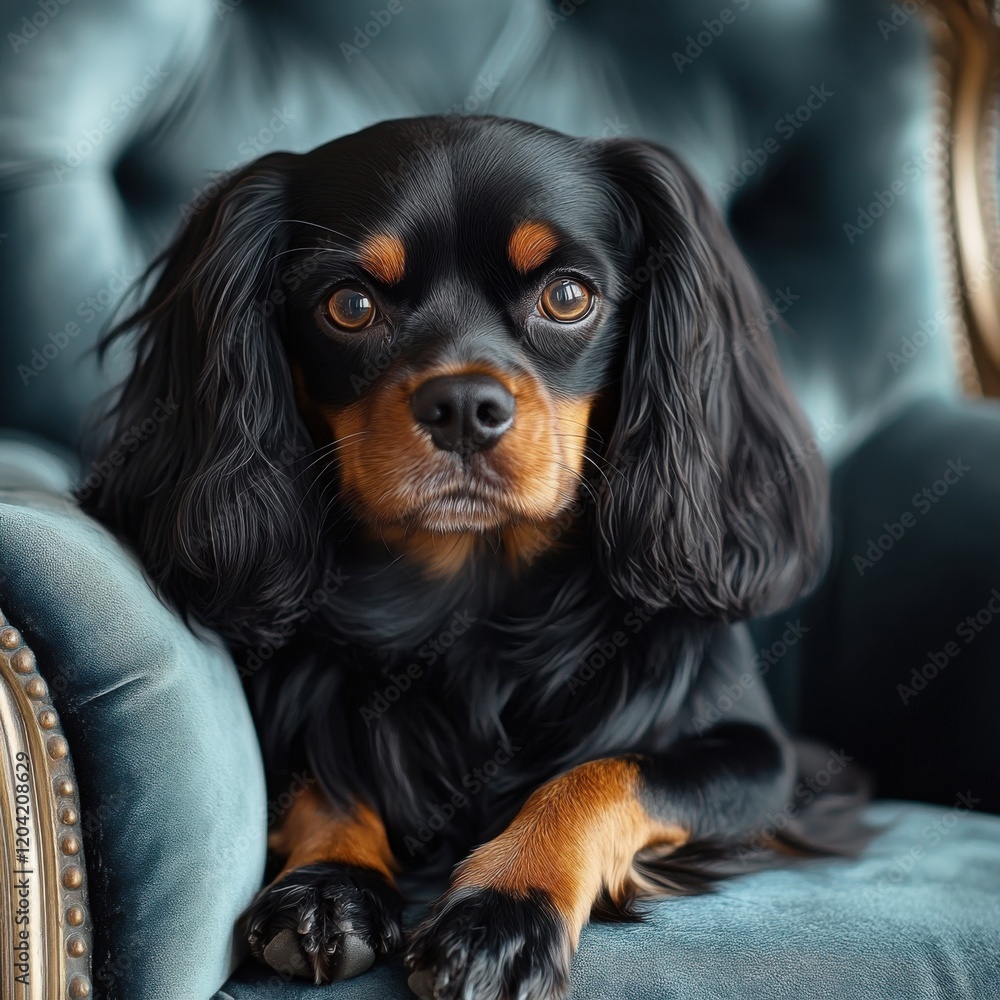 Black and tan Cavalier King Charles Spaniel resting on elegant velvet chair Black and tan Cavalier King Charles Spaniel resting on elegant velvet chair