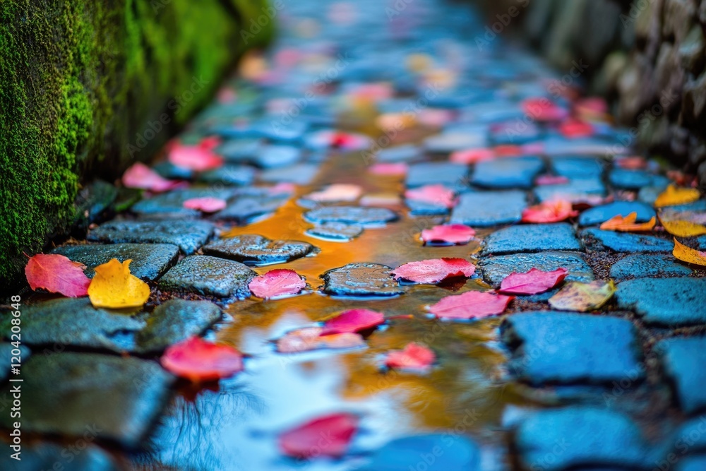 Fototapeta premium Autumn leaves fall on a wet cobblestone path, reflecting colors in puddles.