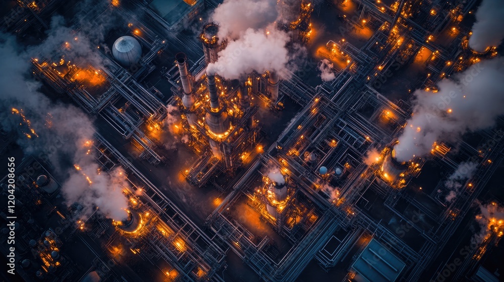 dynamic aerial view of oil refinery at dusk with glowing lights and billowing steam creating cinematic effect dynamic aerial view of oil refinery at dusk with glowing lights and billowing steam creating cinematic effect