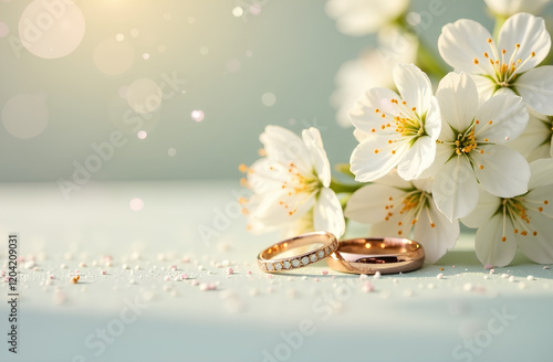 Wedding rings on light festive background with white blossom flowers