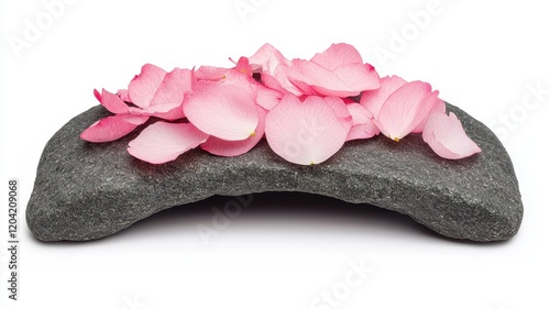 A smooth stone with delicate pink rose petals scattered on top, creating a serene and peaceful aesthetic. photo