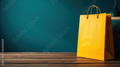 A vibrant yellow shopping bag sits on a rustic wooden table against a teal backdrop.  Perfect for retail, shopping, or online store visuals. photo