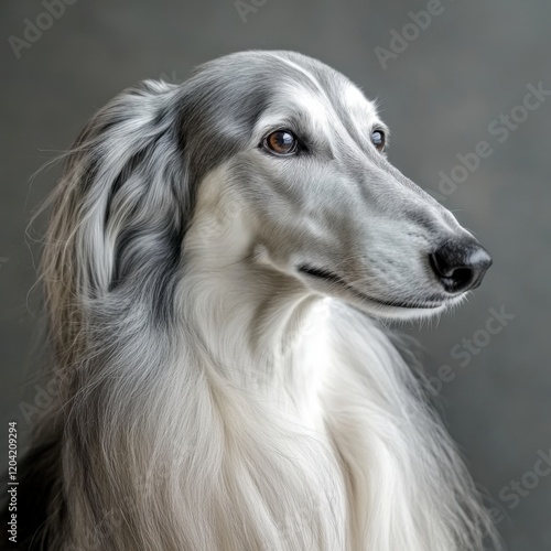 Graceful borzoi dog close-up portrait with long silky fur and gentle gaze