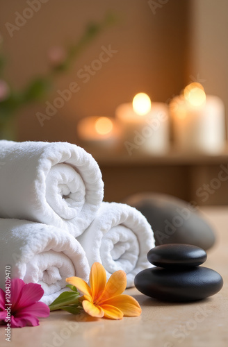 A composition of soft white towels and burning candles, as an illustration of relaxation in a spa center, relaxation and restoration of health after a massage