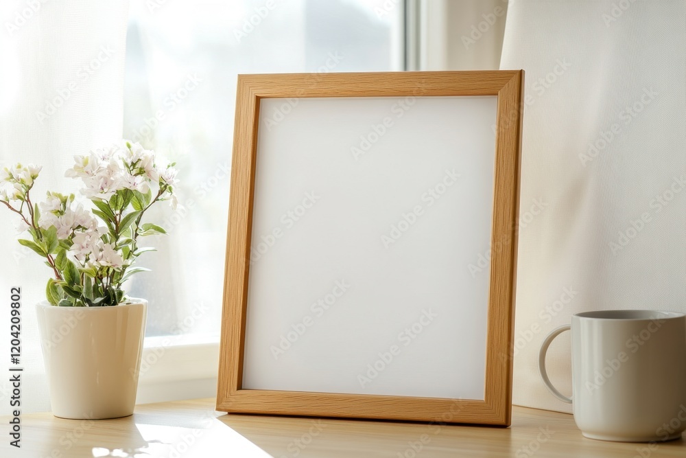 Bright and airy workspace featuring a wooden frame on a table with delicate flowers and a simple mug Bright and airy workspace featuring a wooden frame on a table with delicate flowers and a simple mug