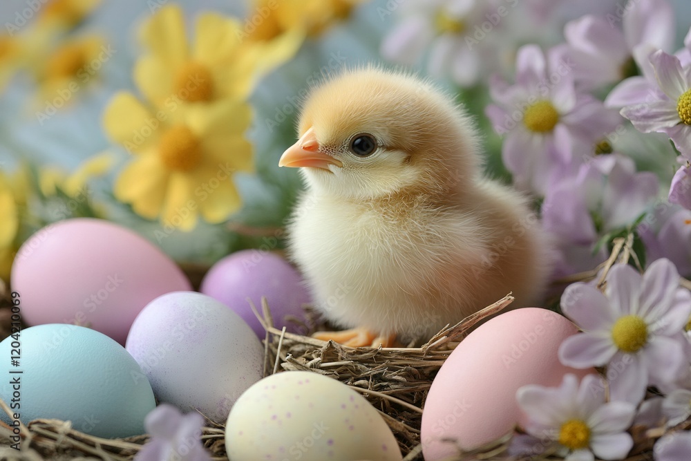 Baby chick sitting in nest with easter eggs and flowers Baby chick sitting in nest with easter eggs and flowers