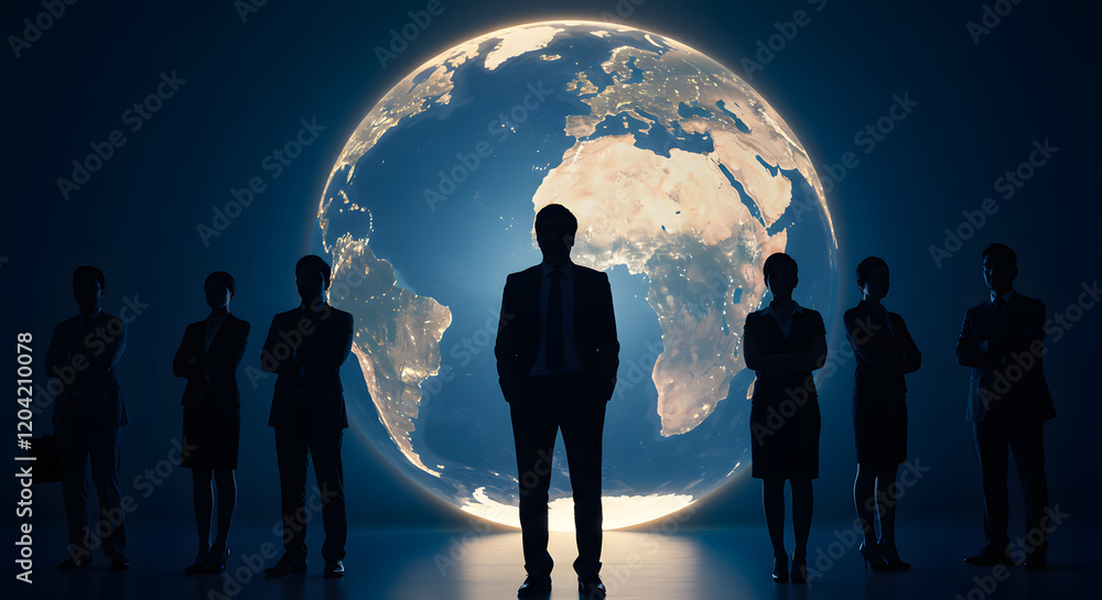 The figures of business individuals are depicted in front of a large, clear globe. The figures of business individuals are depicted in front of a large, clear globe.