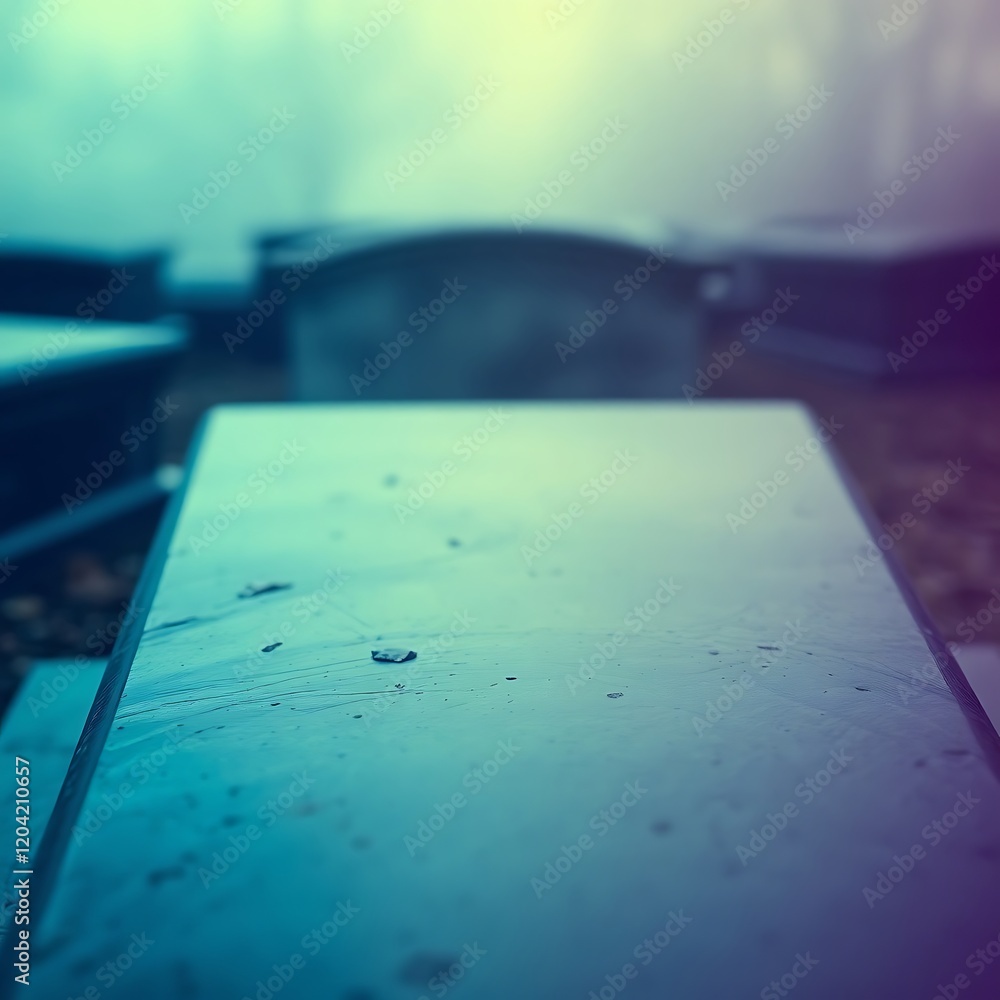 Close-up of a wet, smooth gravestone surface with blurred background of other tombstones.