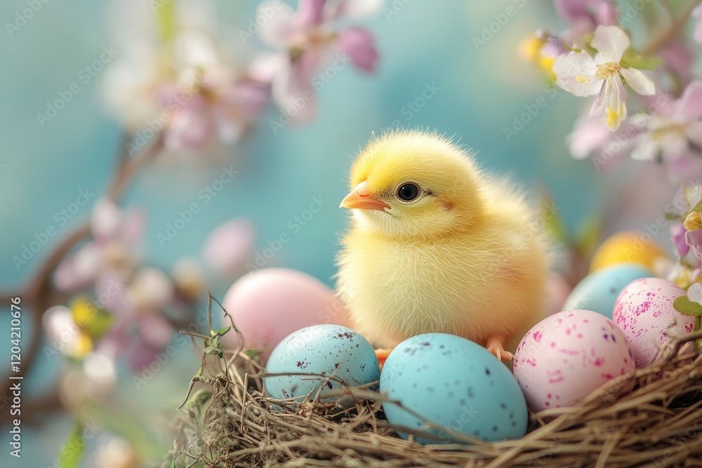 Cute baby chick sitting in nest with colorful easter eggs and flowers Cute baby chick sitting in nest with colorful easter eggs and flowers