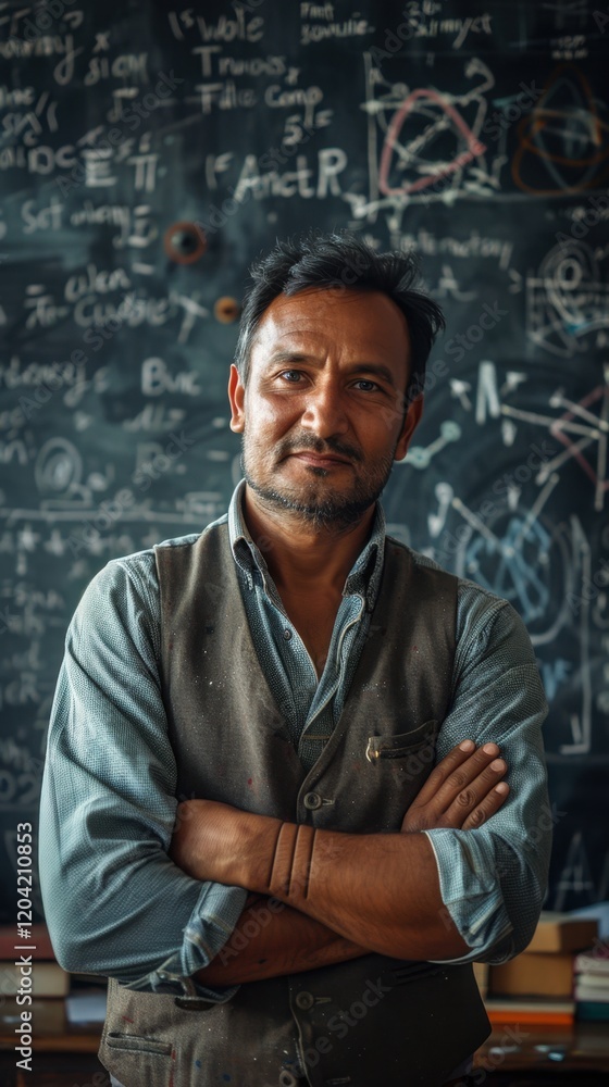 There is a man standing in front of a blackboard with writing on it, portrait, vertical background There is a man standing in front of a blackboard with writing on it, portrait, vertical background