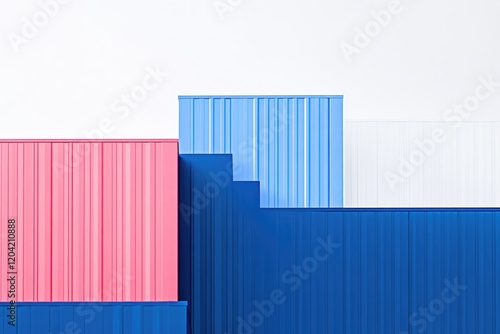 Abstract composition of pink, blue, and white corrugated metal sheets forming a layered structure.