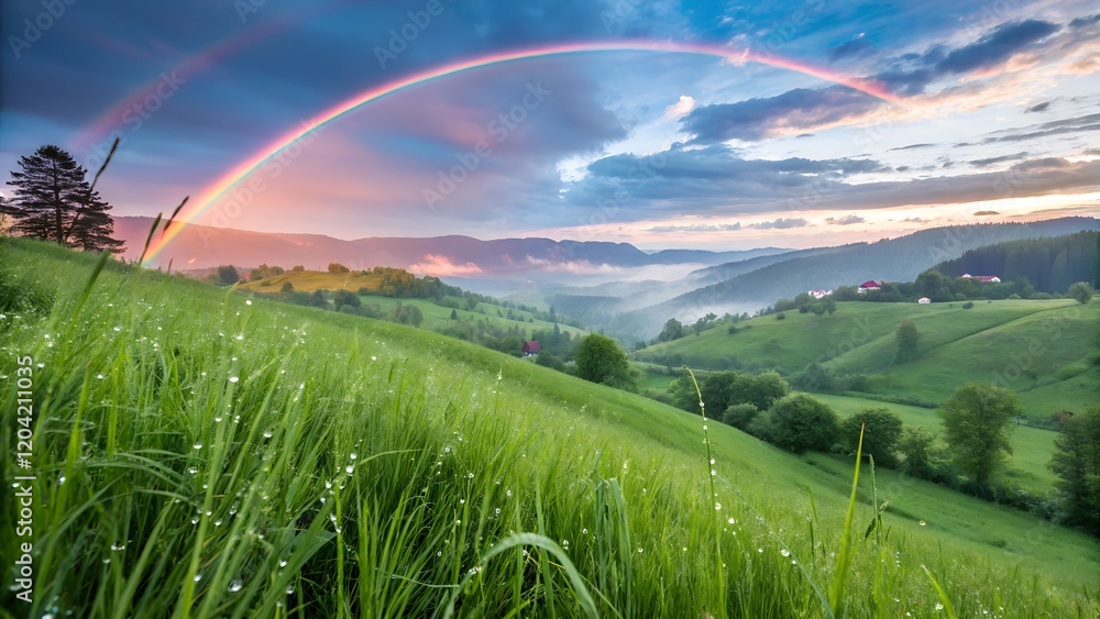 This is a vibrant landscape photograph showcasing a rainbow arcing over a lush, green hillside with rolling hills in the background This is a vibrant landscape photograph showcasing a rainbow arcing over a lush, green hillside with rolling hills in the background