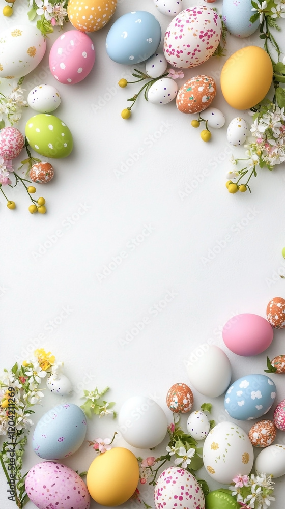 Happy Easter! Colorful Easter chocolate eggs with cherry blossoms flat lay on blue background. Greeting card or banner Happy Easter! Colorful Easter chocolate eggs with cherry blossoms flat lay on blue background. Greeting card or banner