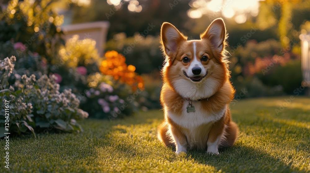 Pembroke Welsh Corgi sitting happily in garden, enjoying the sunshine Pembroke Welsh Corgi sitting happily in garden, enjoying the sunshine