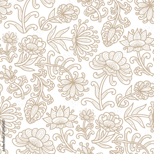 Abstract swirl flowers, paisley floral pattern, beige and white colors. Seamless floral pattern-611.