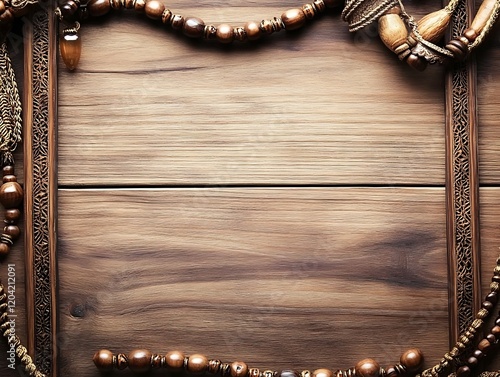 Wooden Background Decorated with Brown Beaded Necklaces photo