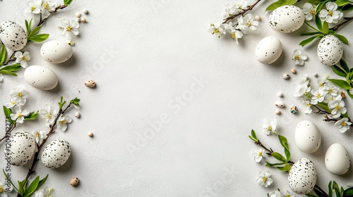 Happy Easter! Colorful Easter chocolate eggs with cherry blossoms flat lay on blue background. Greeting card or banner