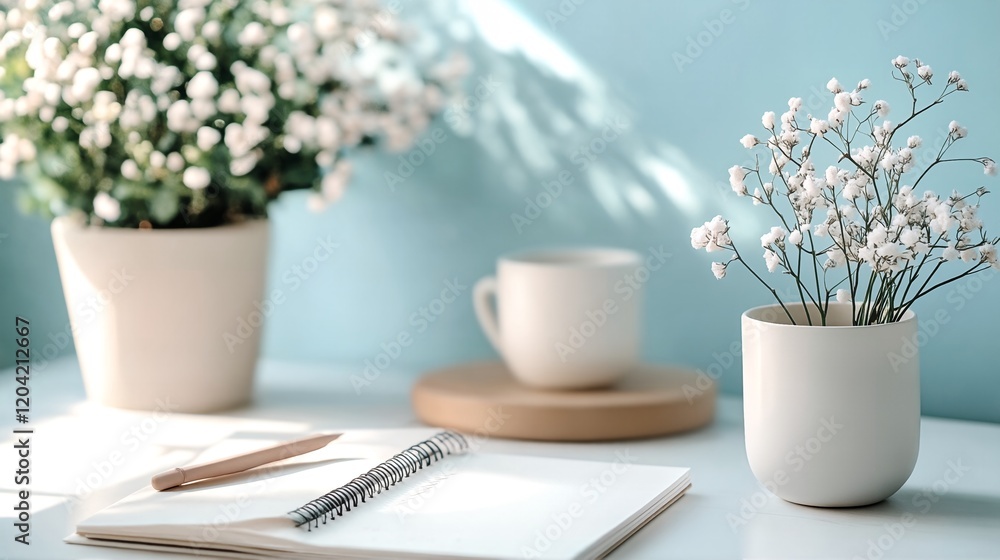 A serene and organized workspace with white flowers and greenery, featuring a notebook, pen, coffee cup, and potted plant on a desk against a blue wall. A serene and organized workspace with white flowers and greenery, featuring a notebook, pen, coffee cup, and potted plant on a desk against a blue wall.