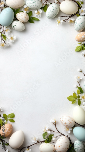 Happy Easter! Colorful Easter chocolate eggs with cherry blossoms flat lay on blue background. Greeting card or banner