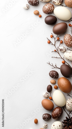 Happy Easter! Colorful Easter chocolate eggs with cherry blossoms flat lay on blue background. Greeting card or banner