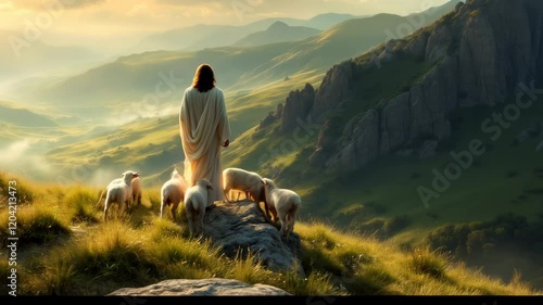 Jesus the Good Shepherd Watches Over His Flock in a Serene Valley