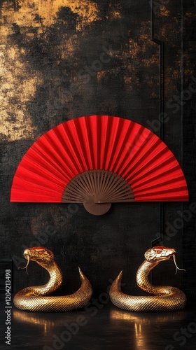 Red Chinese fan with golden cobra statues on textured black and gold wall photo