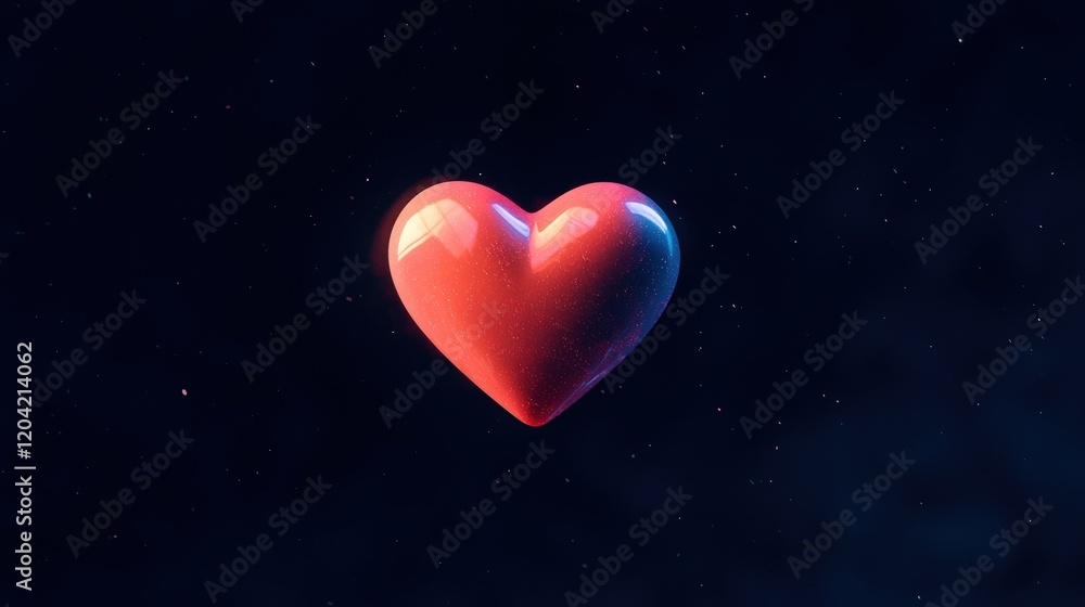 Neon Pink Heart Floating in Air Against Black Background with Stars Neon Pink Heart Floating in Air Against Black Background with Stars