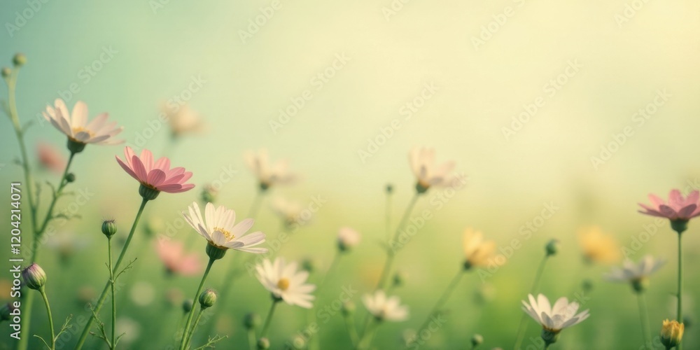 Serene Meadow of Delicate Blossoms in Soft Sunlight, a Gentle Breeze Rustling Through Petals Serene Meadow of Delicate Blossoms in Soft Sunlight, a Gentle Breeze Rustling Through Petals