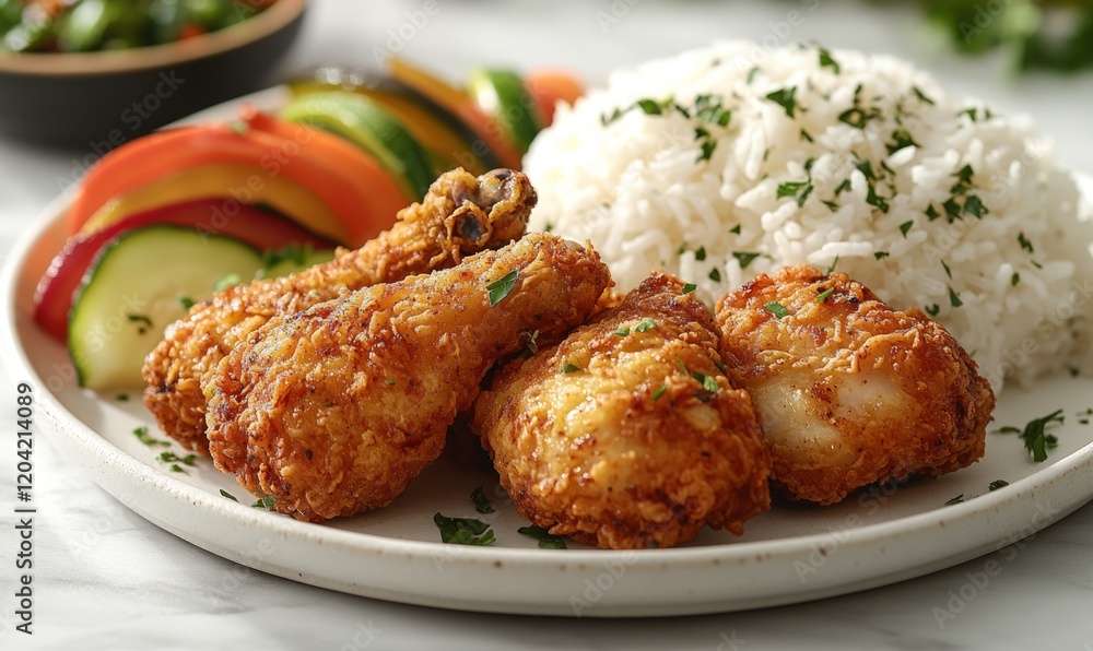 Crispy fried chicken, rice, and vegetable medley. Crispy fried chicken, rice, and vegetable medley.