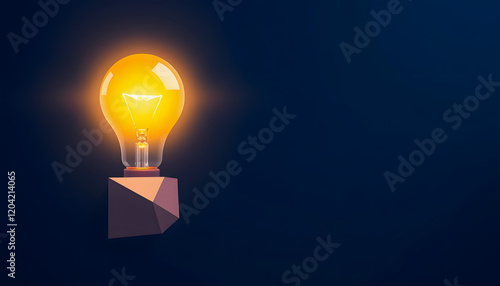 business idea creative concept technology. A light bulb illuminated above a polygon on a dark blue background, colorful, with white tones