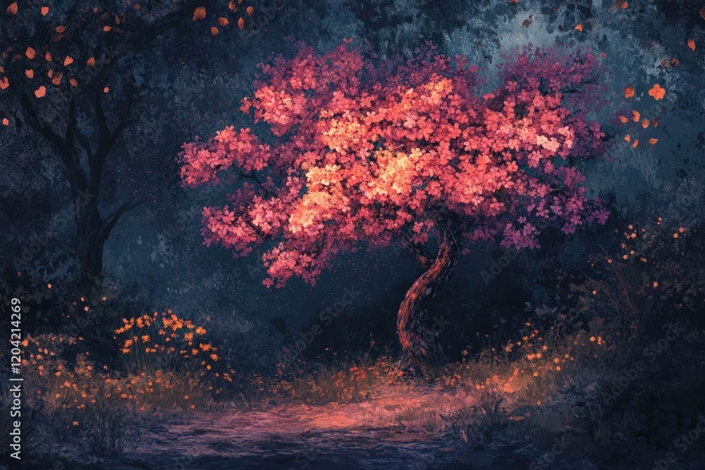 Enchanting Pink Blossomed Tree In A Dark Forest Enchanting Pink Blossomed Tree In A Dark Forest