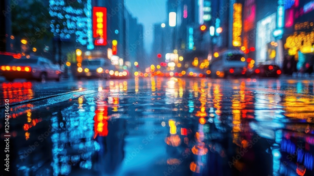 Urban cityscape at night, close-up of streetlights reflecting off wet pavement, vibrant city lights and towering buildings Urban cityscape at night, close-up of streetlights reflecting off wet pavement, vibrant city lights and towering buildings