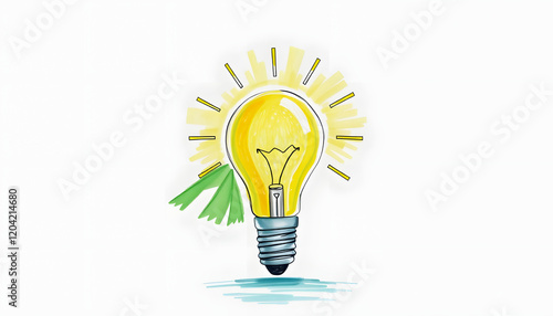 Hand Drawn Light Bulb with Green Ribbon, Eco-Friendly Idea Concept