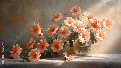 Wallpaper Mural A still life painting of a vase filled with pink flowers sitting on a table. Torontodigital.ca