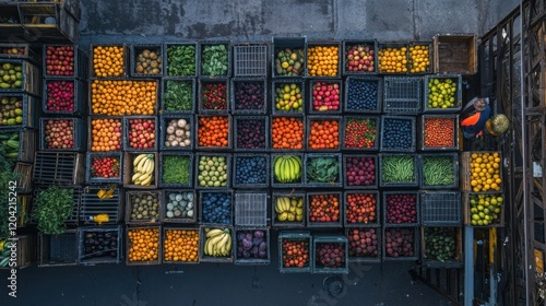 Aerial view of fruit and vegetable crates on the street.
 photo