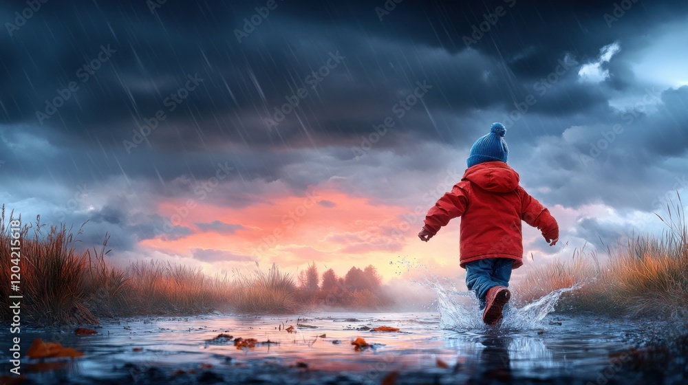 Obraz premium Child in Red Jacket Running Through Puddle on Rainy Day with Dramatic Sky and Colorful Sunset Background
