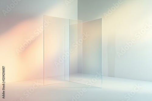 abstract concept featuring floating translucent panels and soft pastel gradients on neutral background with spacious