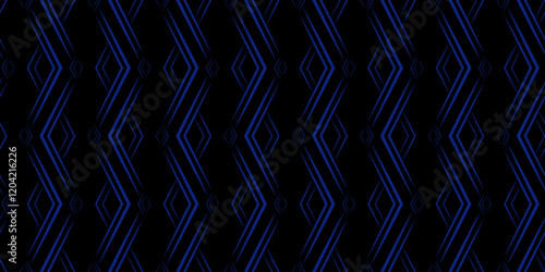 Magic seamless ornamental geometric seamless linear pattern. Dark blue sharp rays on black background. Vector monochrome ornament of rhombuses. Strict ethnic background for wallpaper, textile, etc.