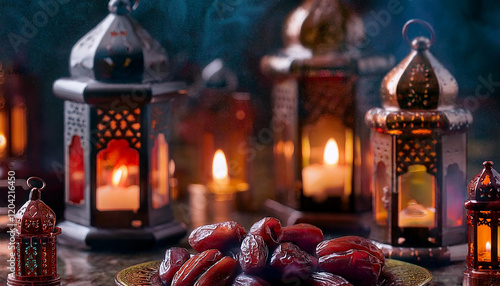 Beautifully Illuminated Mosque with Golden Domes and Minarets Under a Starry Night Sky with Hanging Lights