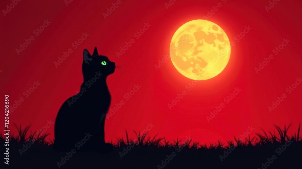 Fototapeta premium A Silhouetted Black Cat Gazes at a Large Yellow Moon in a Crimson Sky, a Nocturnal Scene of Mystery and Enchantment