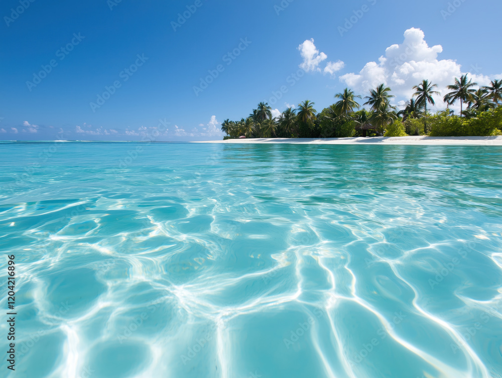 Fototapeta premium Tropical Paradise: Crystal Clear Waters and Palm-Lined Beach Under a Blue Sky