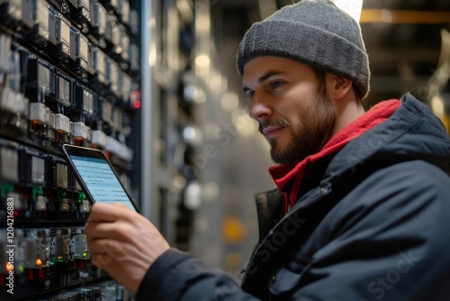 It engineer using tablet, inspecting server rack in data center photo