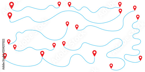 Travel vector icon. Travel from start point and dotted line tracing. Route icon between two points with dotted path and location pin. Location pointer continuous one line drawing. GPS navigation line 