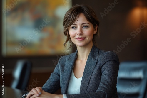 A woman in a tailored suit seated at a confer Free Download A woman in a tailored suit seated at a confer - GFXLoad