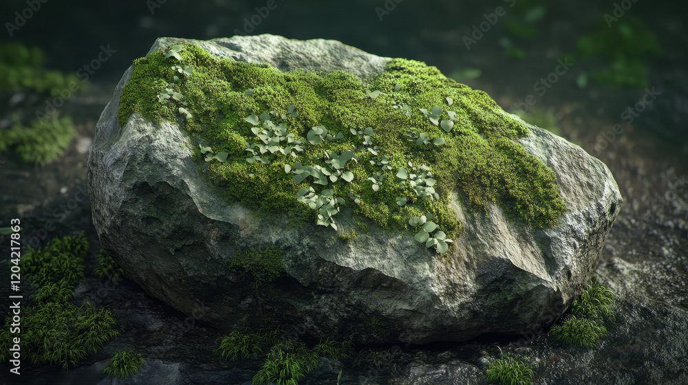 Moss Covered Rock in a Dark Forest Setting Moss Covered Rock in a Dark Forest Setting