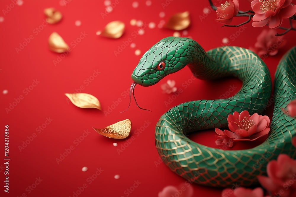 Fototapeta premium Green snake among golden coins and flowers on red background, symbol of 2025 year