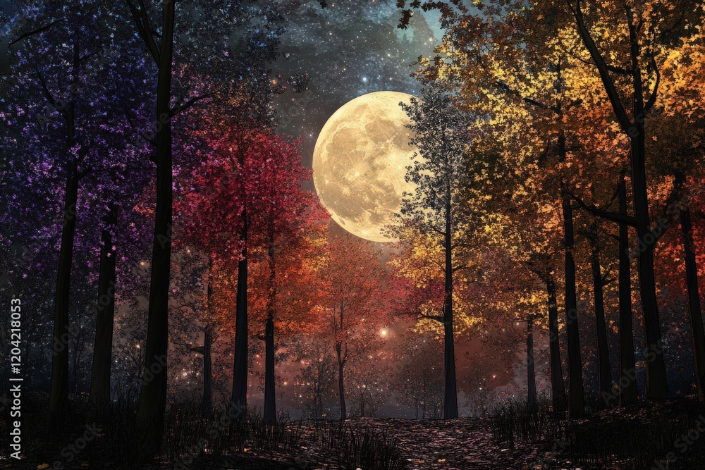 Fototapeta premium Autumnal Forest Path Underneath a Full Moon
