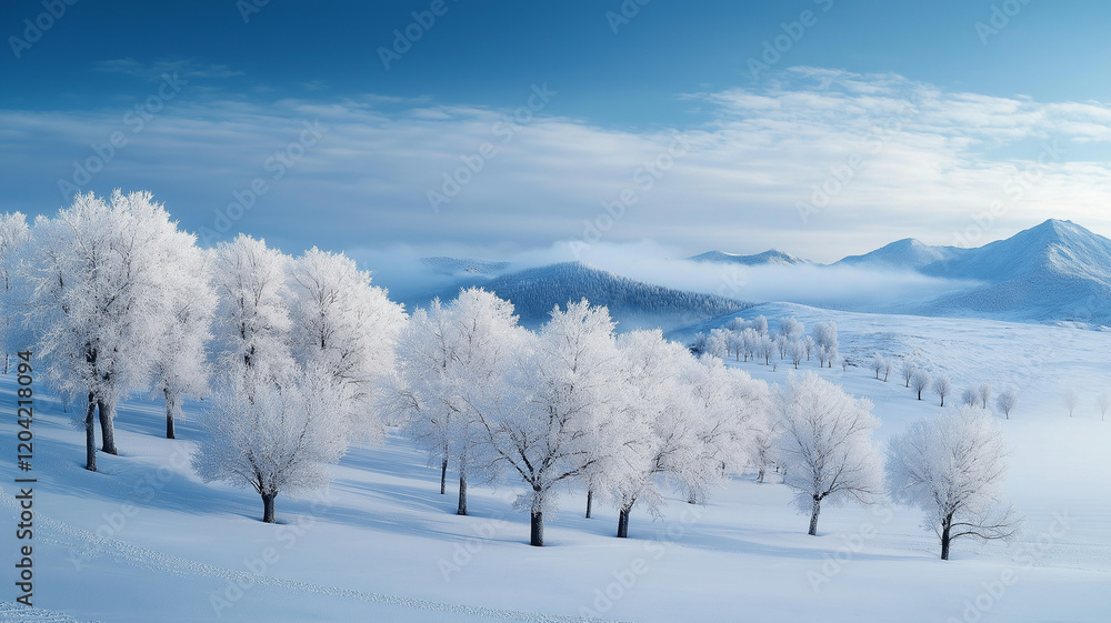 Winter landscape with frosted trees and snow covered hills Winter landscape with frosted trees and snow covered hills