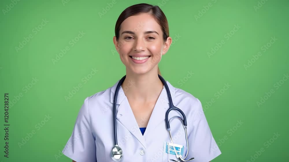 Positive female doctor smiling talking on green screen. Healthcare worker isolated on green background. Woman wearing a surgeon scrubs speaks on chroma key backdrop. 4K Video Medicine. Telemedicine. Positive female doctor smiling talking on green screen. Healthcare worker isolated on green background. Woman wearing a surgeon scrubs speaks on chroma key backdrop. 4K Video Medicine. Telemedicine.