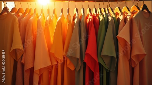 Colorful t-shirts hanging on a rack, illuminated by warm sunlight. A vibrant display of summer fashion. photo